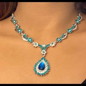 Beautiful navy blue and sea green CZ necklace set